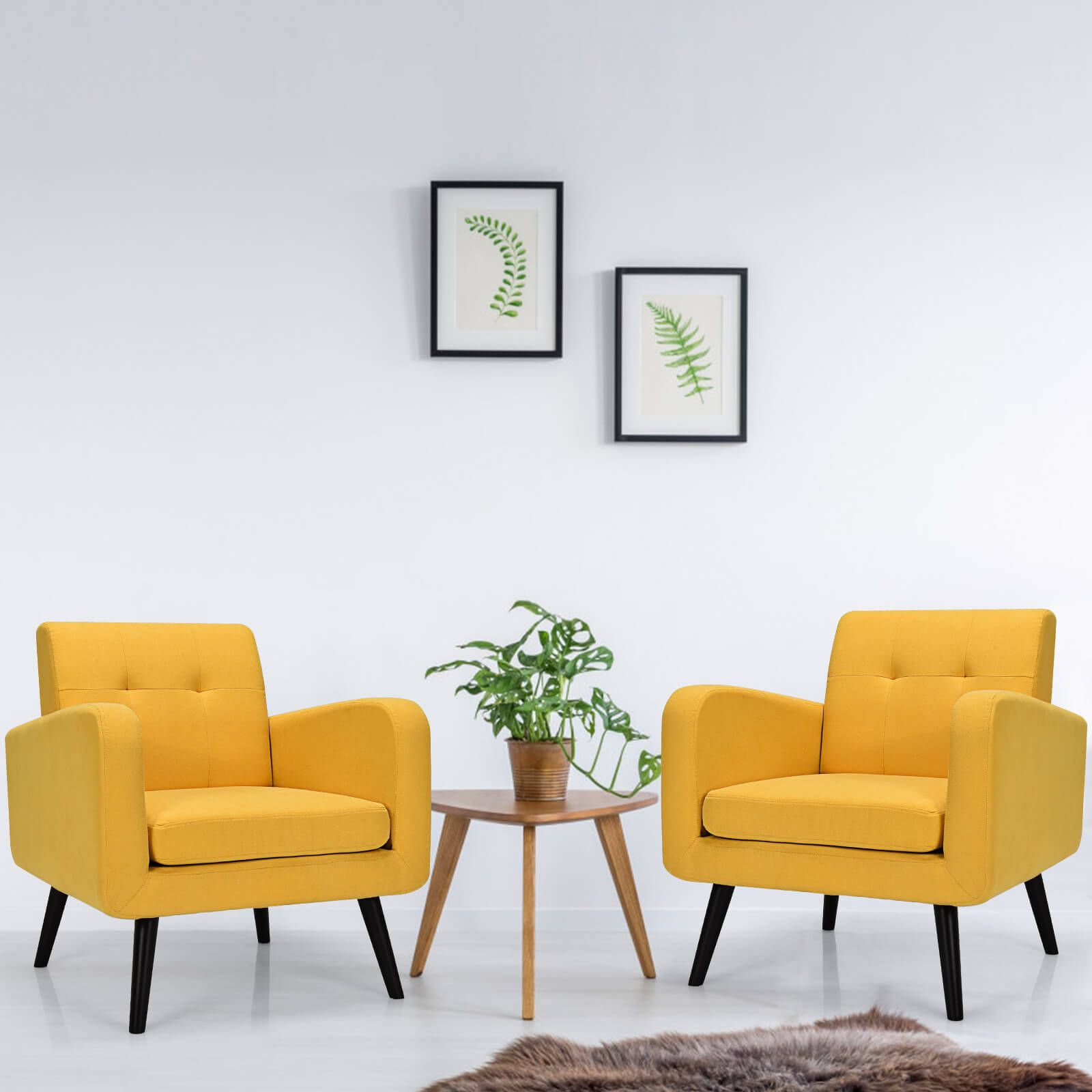 Mid-Century Modern Upholstered Accent Chair with Rubber Wood Legs - Yellow
